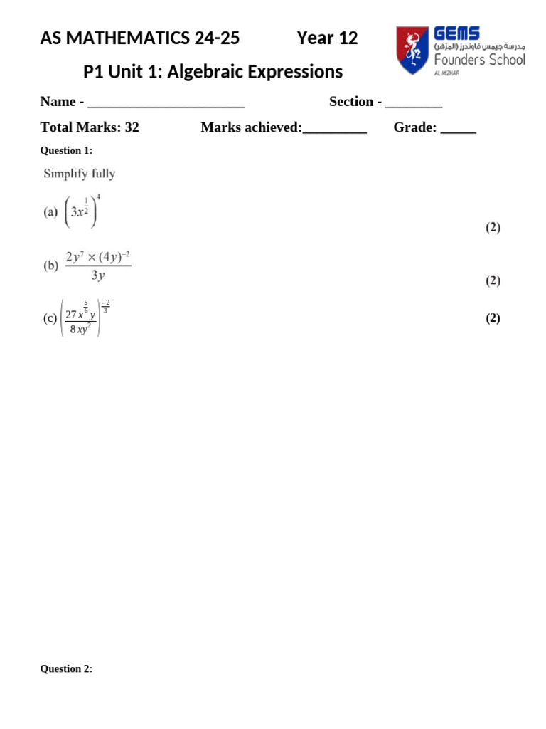 Year 12 Algebraic Expressions Exam | PDF | Teaching Methods & Materials