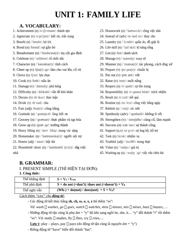 Family Life Vocabulary and Grammar Guide | PDF | Family | Living ...