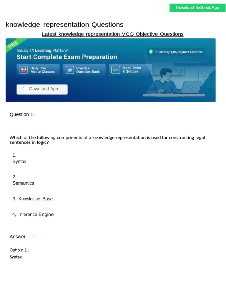 Knowledge Representation MCQs and Answers | PDF | Artificial ...