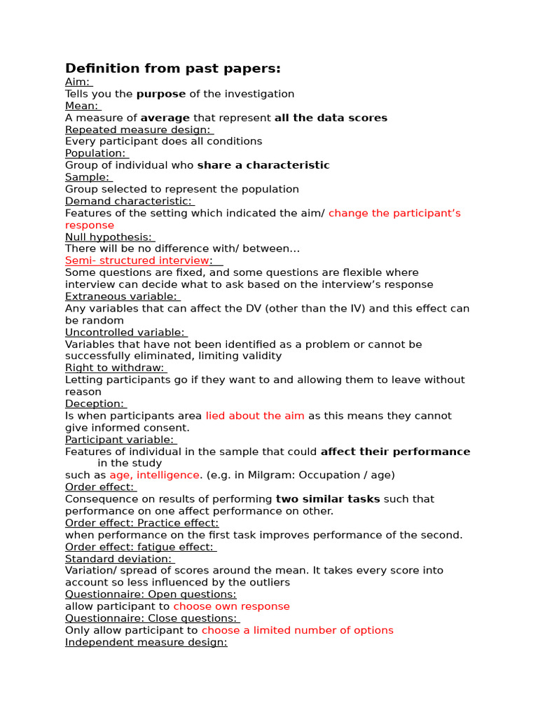 Definition From Past Papers | PDF | Behavioural Sciences | Cognition