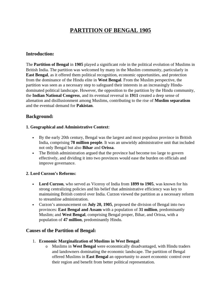 PARTITION OF BENGAL 1905 | PDF | Partition Of India | All India Muslim ...