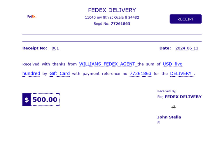 FedEx Delivery Receipt - $500 Payment | PDF