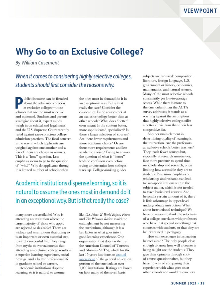 The Value of Exclusive Colleges Explained | PDF | Curriculum | College