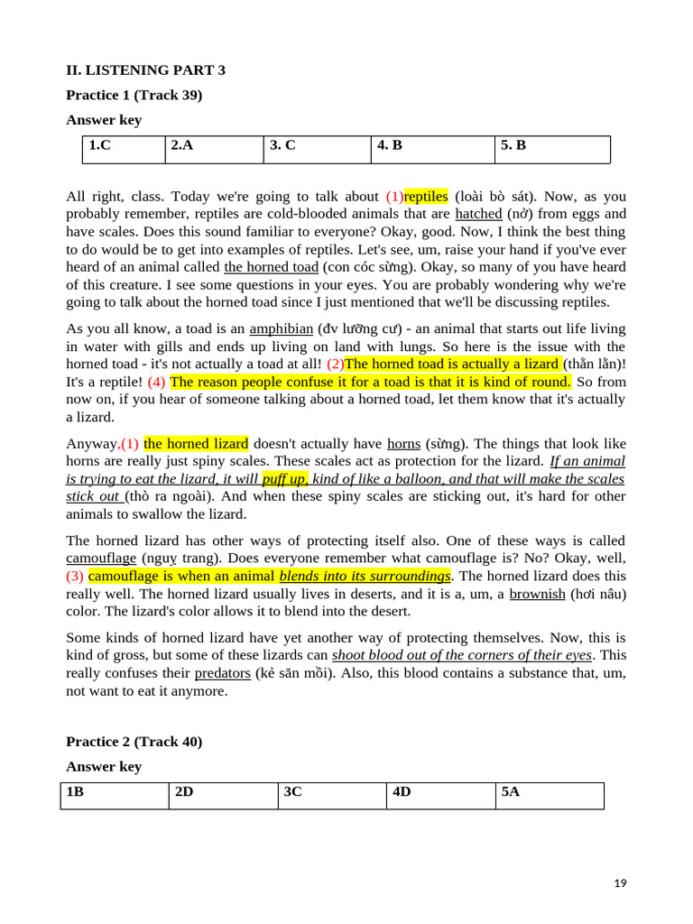 73 Answer Key - Listening Part 3, Practice 1.2 | PDF | Vitamin | Lizard