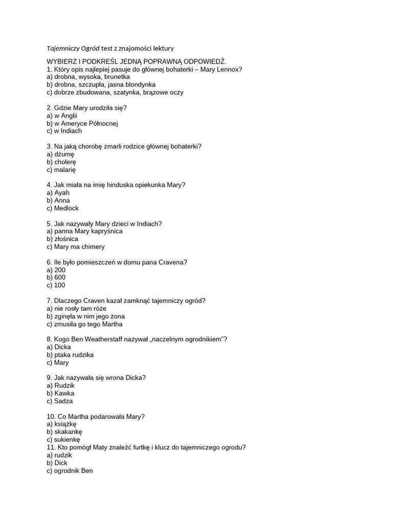 Tajemniczy Ogród Test 4 Klasa Tajemniczy Ogród Test Z Znajomości Lektury | PDF