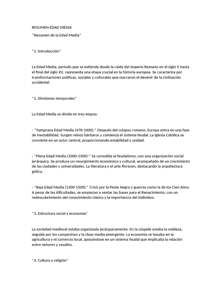Resumen De La Edad Media Europea Pdf 