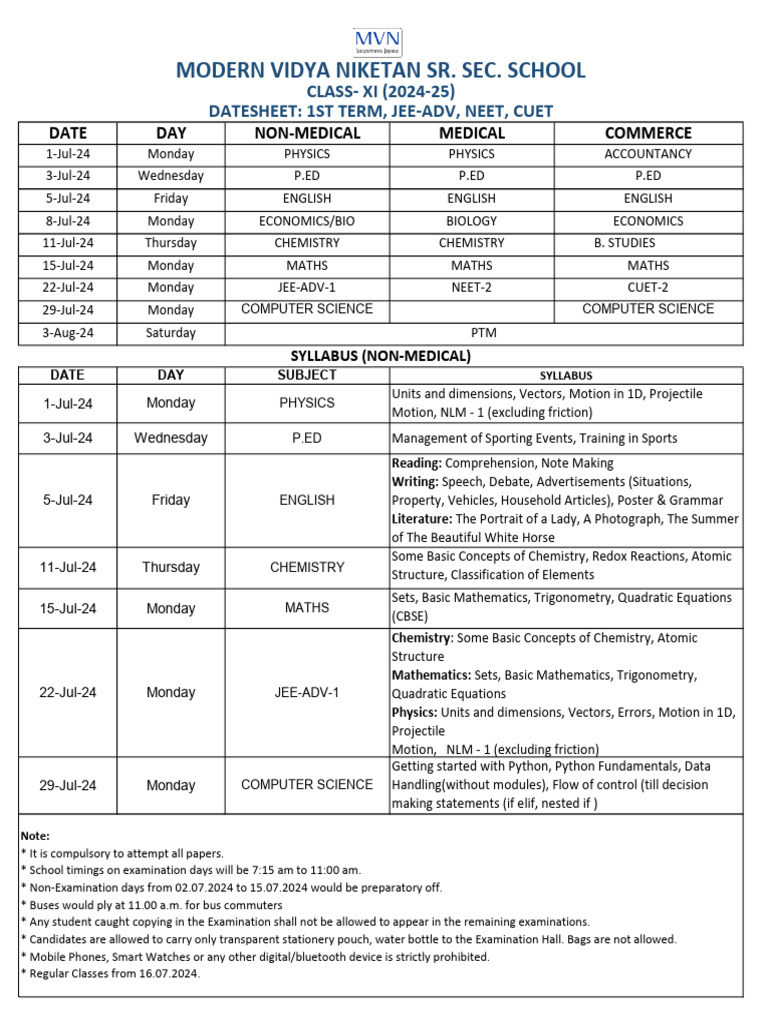 Class XI 2024-25 Exam Datesheet | PDF | Mathematics