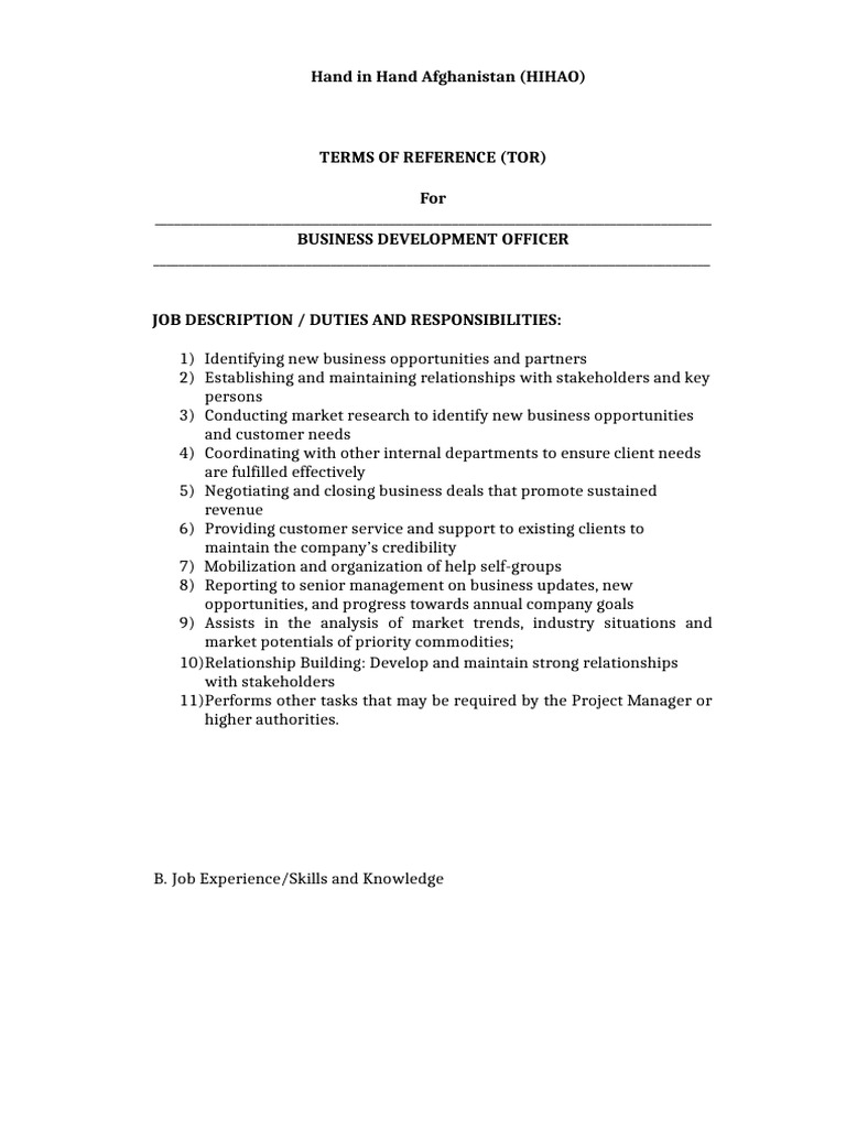 Business Development Officer TOR | PDF | Career & Growth