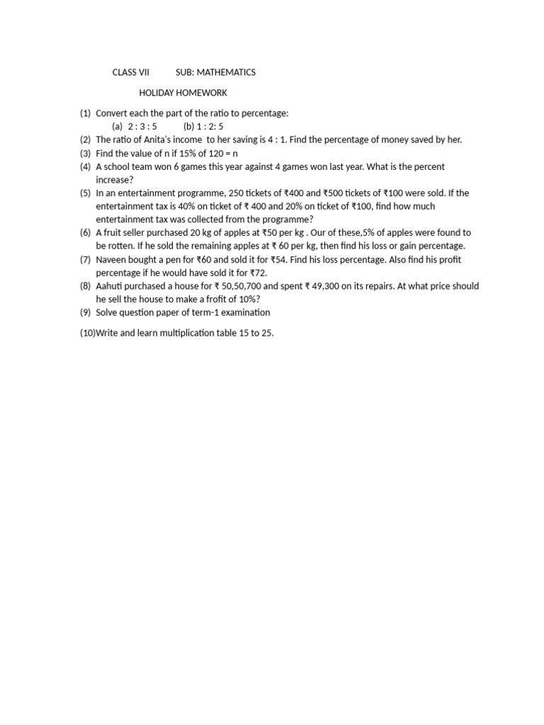 Class VII Math Holiday Tasks | PDF | Sports & Recreation | Games ...