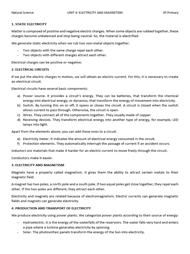 Science 6º Unit 4 Pdf Electricity Electricity Generation
