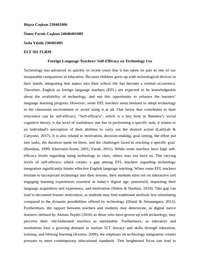 ELT 501 FLRM - Research Project | PDF | Self Efficacy | Educational ...