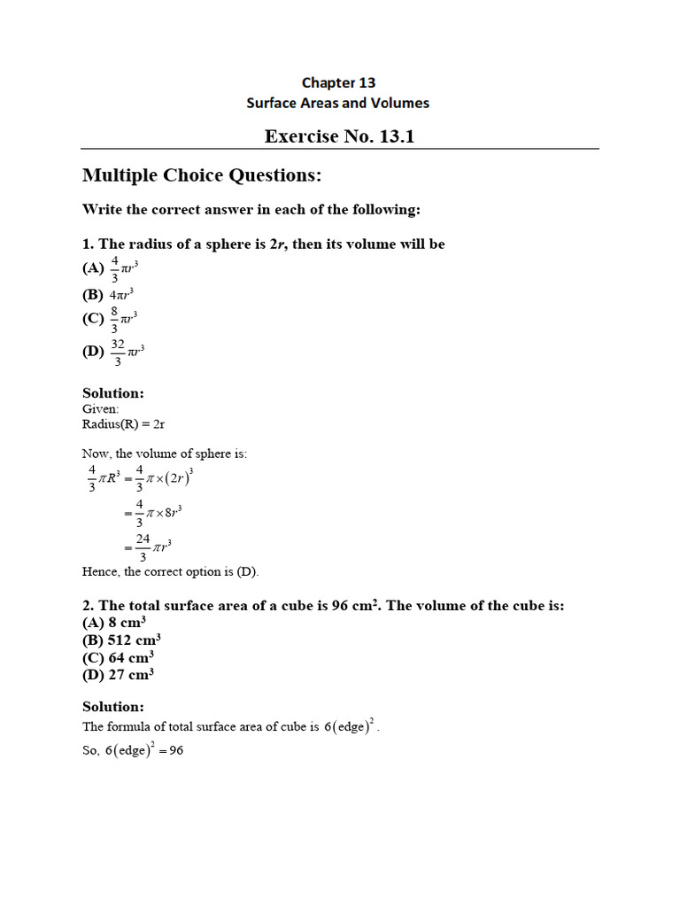 Volume and Surface Area MCQs | PDF | Sphere | Area