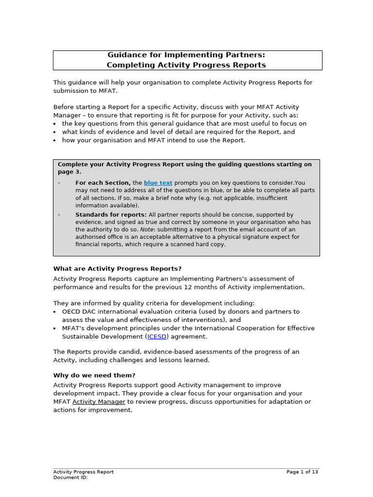 Activity Progress Report Guidance | PDF | Evaluation | Governance