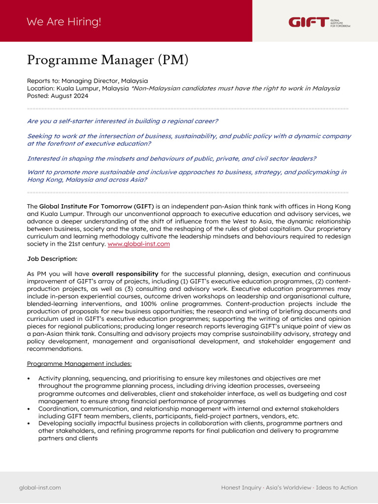 Programme Manager - KL - Job Description - 2024 - GIFT | PDF ...