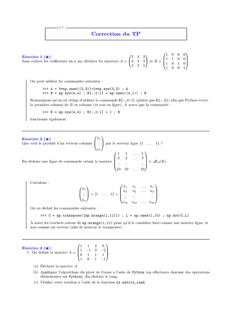 Correction TP Maths avec Python | PDF | Matrice (Mathématiques ...