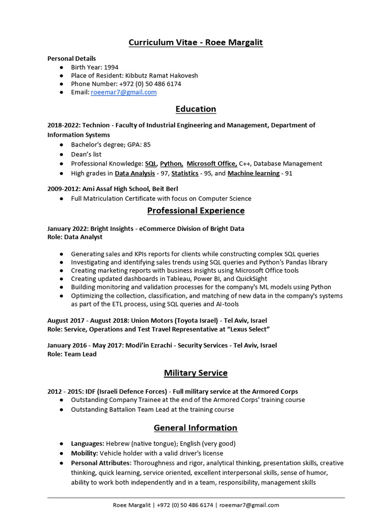 CV Roee Margalit - English | PDF | Computing | Data Management