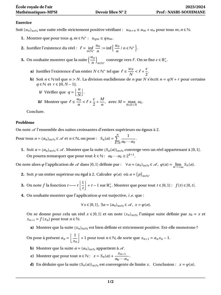 Devoir de mathématiques MPSI 2023/2024 | PDF | Arithmétique | Mathématiques