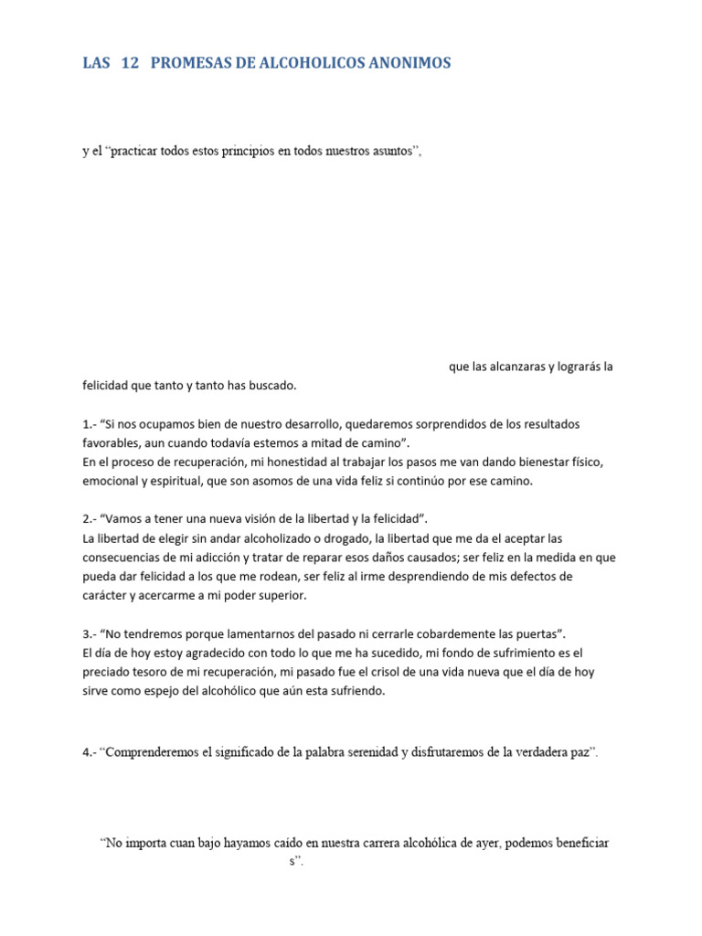 Las 12 Promesas de Alcoholicos Anonimos | PDF | Felicidad | alcoholicos ...