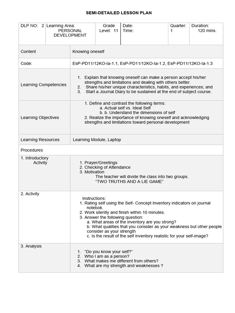 Personal Development Lesson Plan for Grade 11 | PDF | Learning | Self