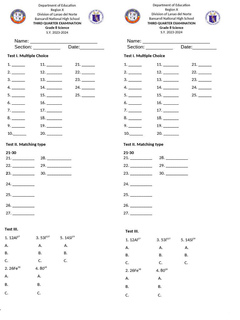 First Quarter Exam Answer Sheet | PDF | Science | Educational Stages