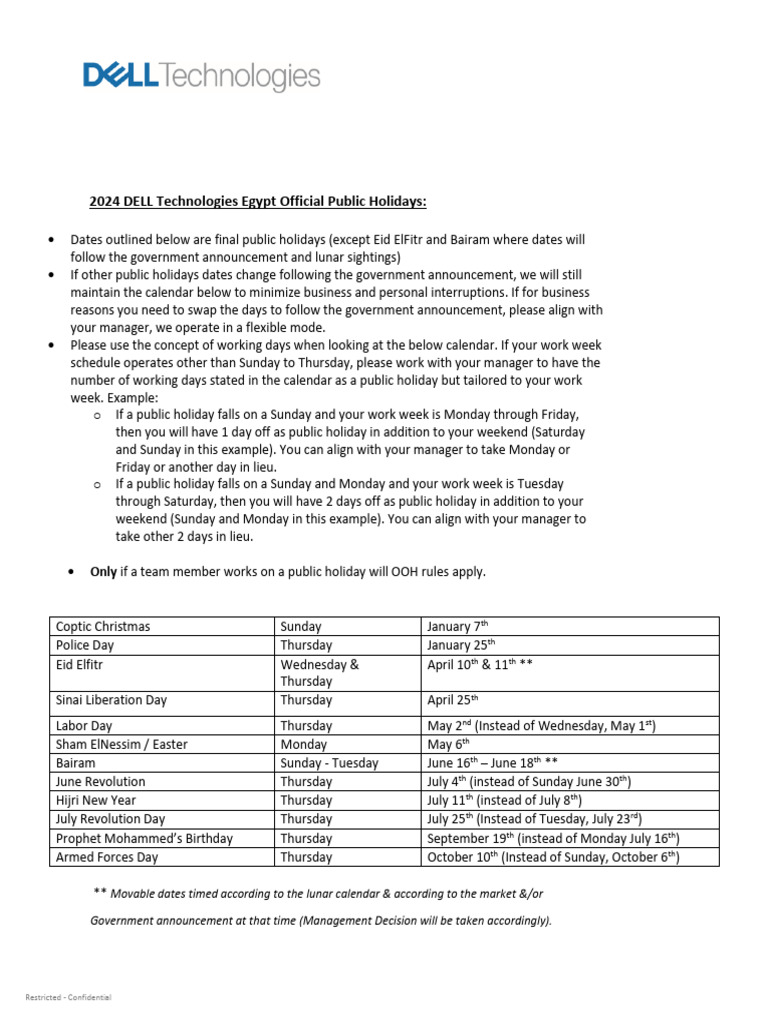 2024 DELL Technologies Egypt Official Public Holidays PDF Workweek