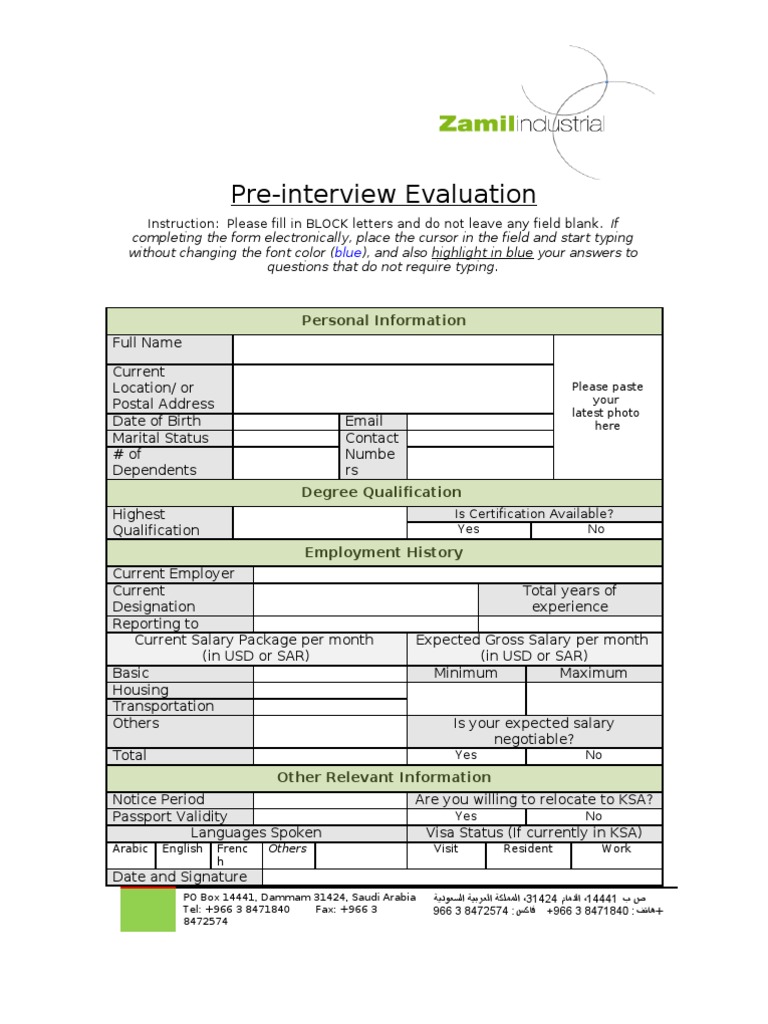 Pre Interview Evaluation Form - 2010 | PDF | Government And Personhood ...