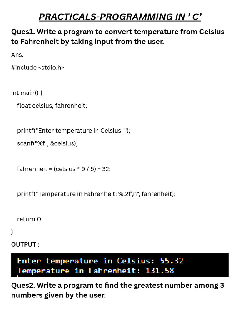 Ques1. Write A Program To Convert Temperature From Celsius To ...