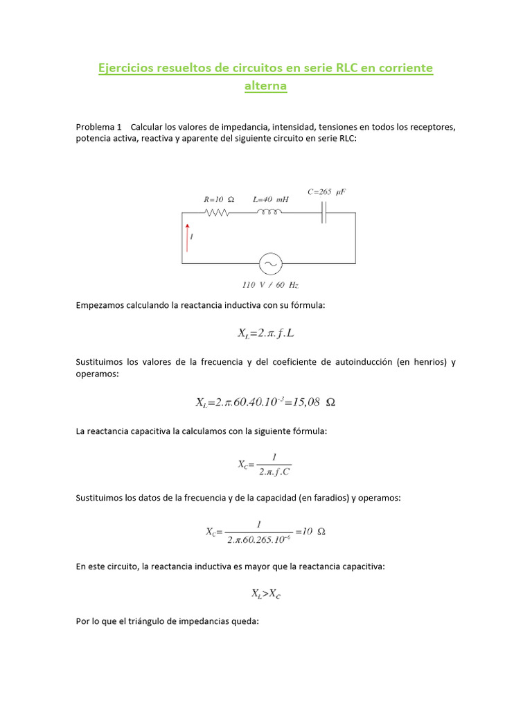 Ejercicios de circuitos en serie RLC | PDF | Impedancia eléctrica ...