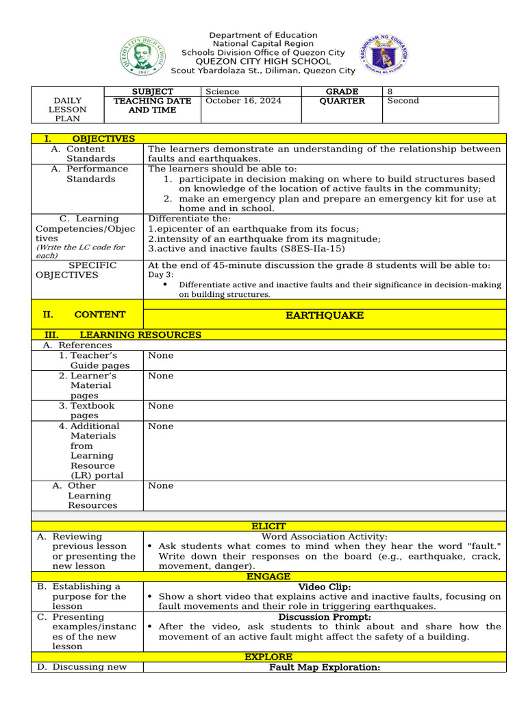 Grade 8 Science: Earthquake Lesson Plan | PDF | Earthquakes | Learning