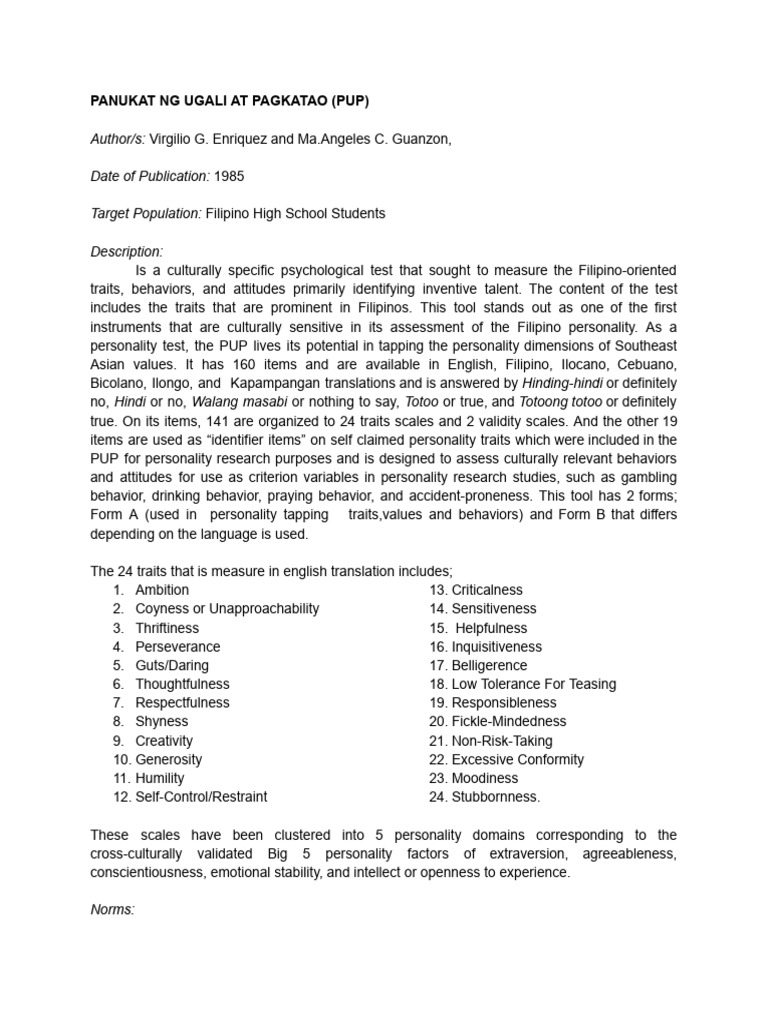 PUP: Filipino Personality Assessment | PDF | Validity (Statistics ...