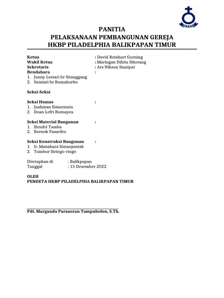 New Susunan Panitia Pelaksanaan Pembangunan Gereja HKBP Piladelphia ...