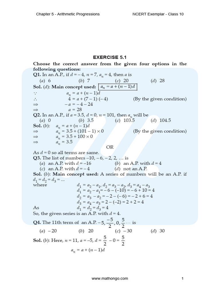 Ncert Exemplar Math Class 10 Chapter 05 Arithmetic Progressions | PDF ...