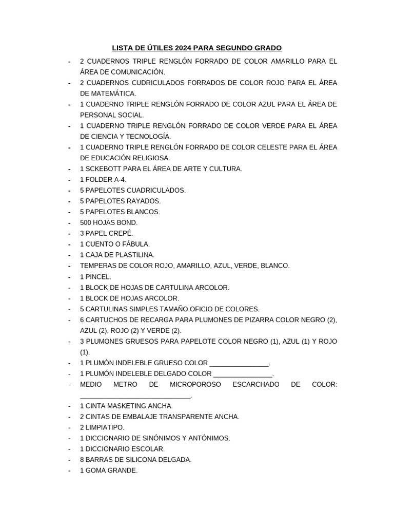 Lista de Útiles 2024 Para Segundo Grado | PDF