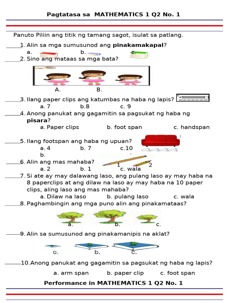 Pagtatasa Sa MATHEMATICS 1 Q2 No 1 and 2 | PDF