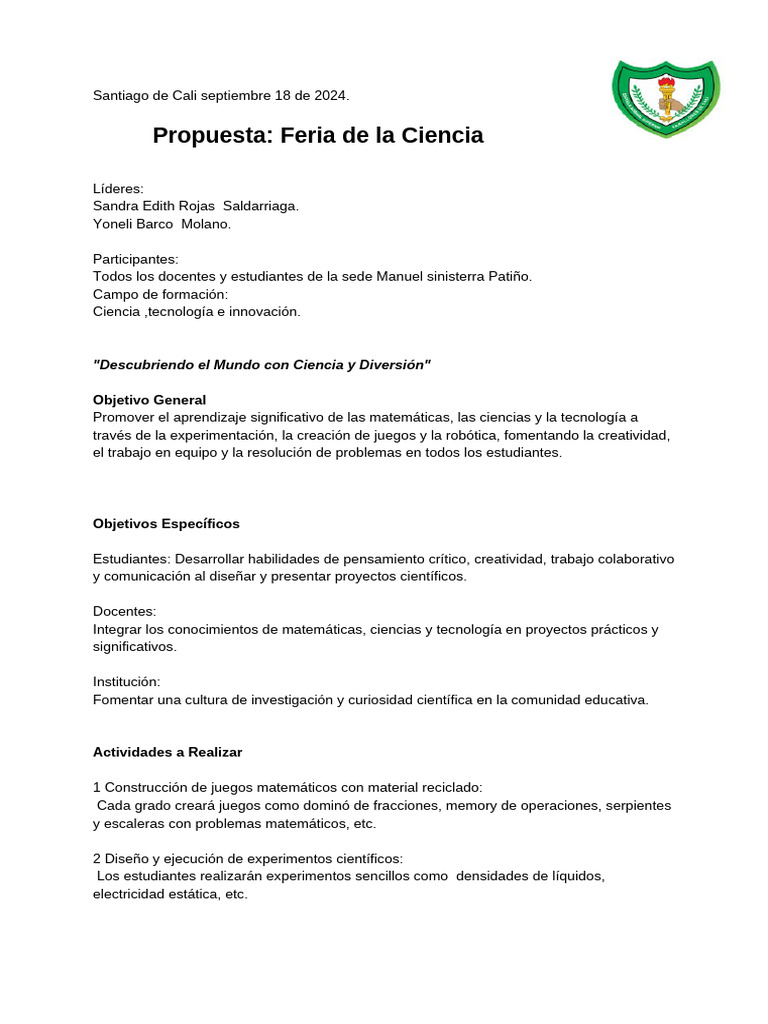 Proyecto Feria de La Ciencia La Tecnología y La Innovación 2024 | PDF ...