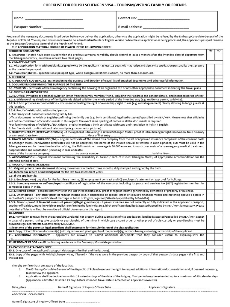 Poland Visa Application Checklist | PDF | Travel Visa | Legal Guardian