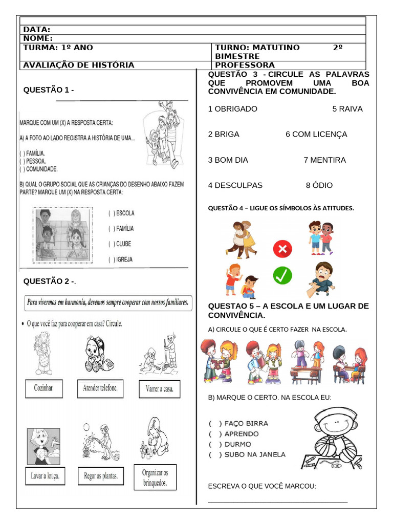 Avaliação de História - 1º Ano 2º Bimestre | PDF