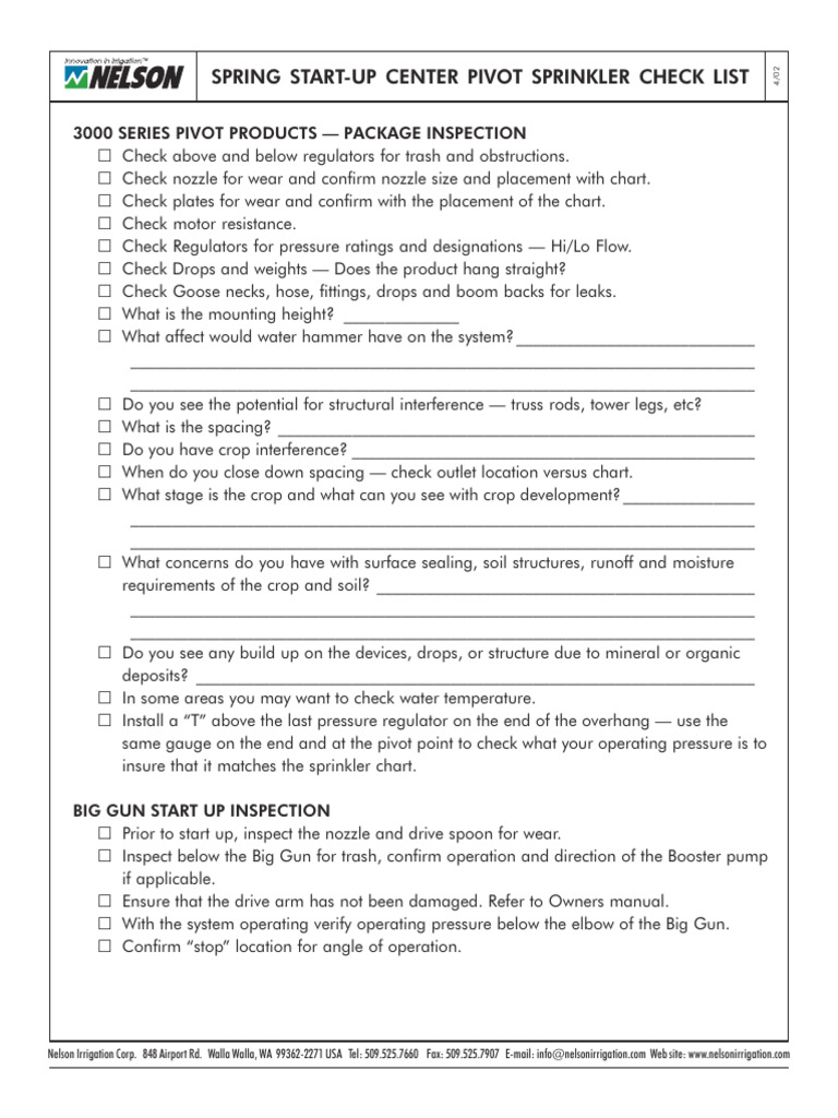 Pivot Start Up Checklist | PDF