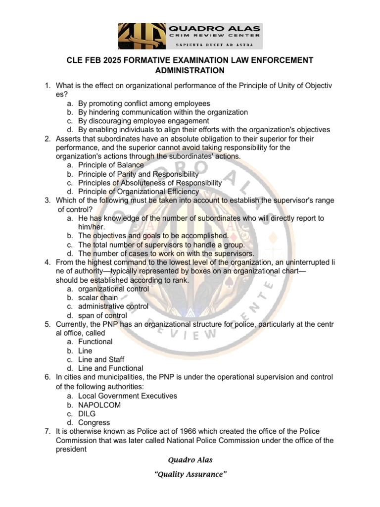 LEA 2025 Formative Exam Review | PDF | Police | Leadership
