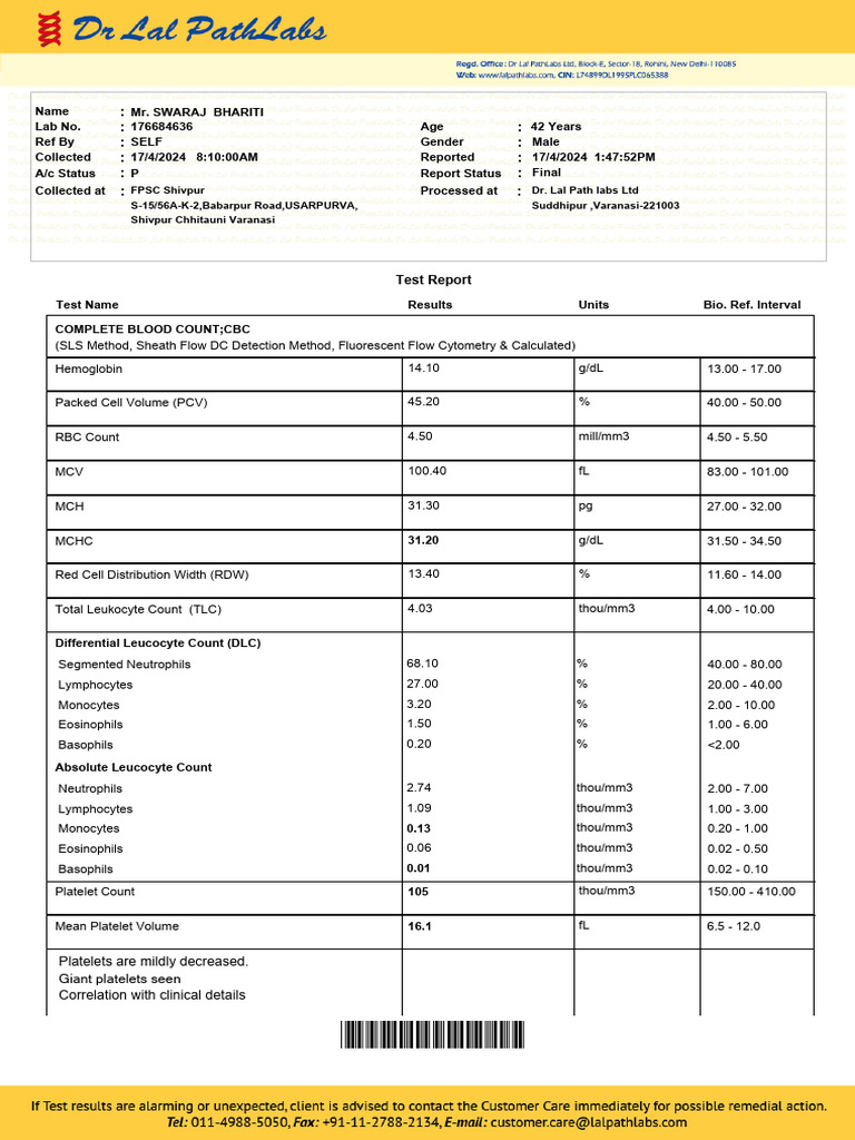 Blood Test Report for Mr. Swaraj Bharti | PDF | Low Density Lipoprotein ...