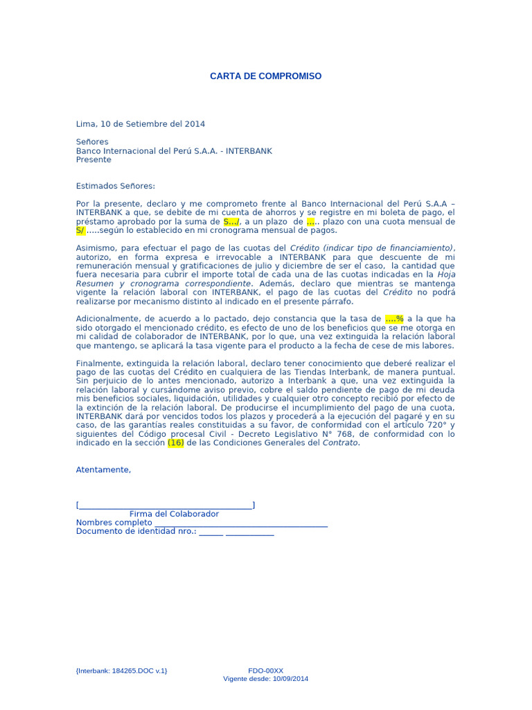 Carta de Compromiso | PDF | Crédito | Finanzas y administración del dinero