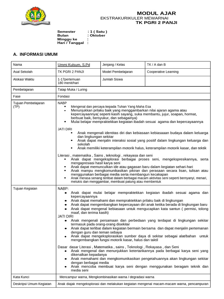 Modul Ajar Ekstra Sem 1 Oktober (Mewarnai) | PDF | Karier & Perkembangan