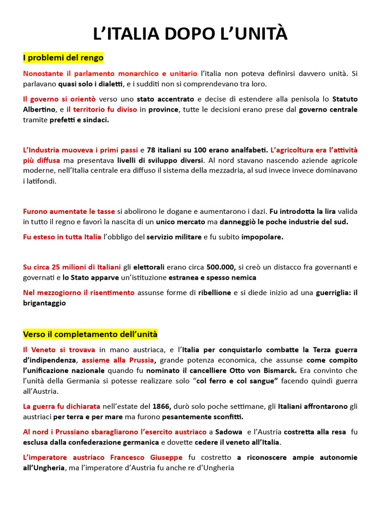 L'Italia Dopo L'unità | PDF