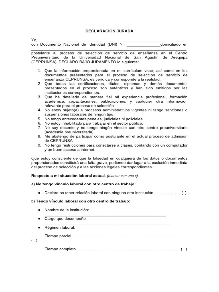 Declaración Jurada Docente CEPRUNSA | PDF | Documento de identidad ...