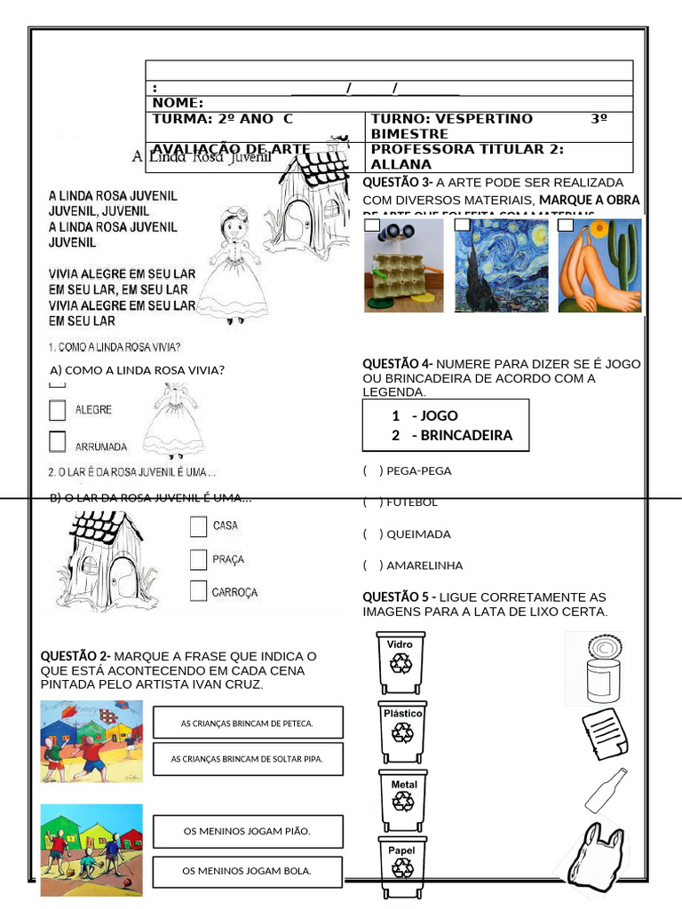 AVALIAÇÃO DO 3 BIMESTRE 2 ANO ARTE | PDF