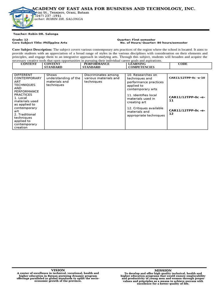 Philippine arts syllabus pdf teachers liberal arts education