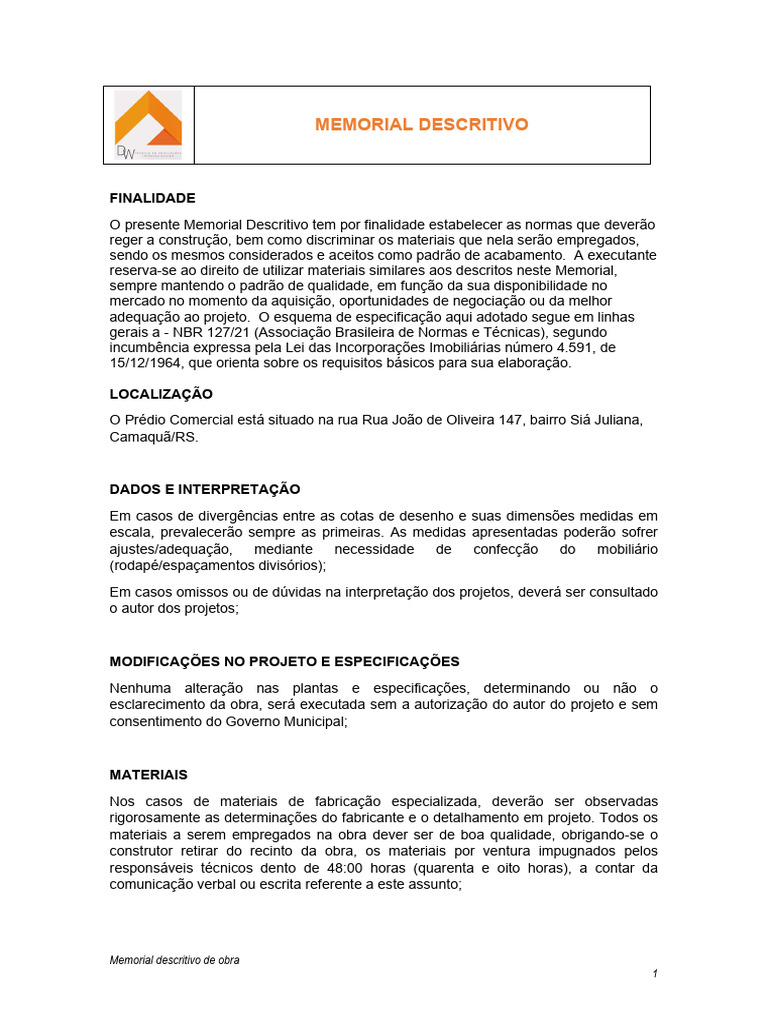 Memorial Descritivo de Construção Comercial | PDF | Argamassa (alvenaria)