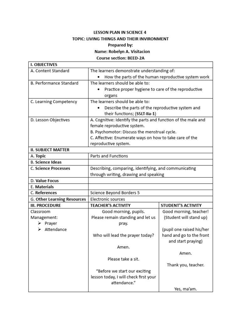 LESSON PLAN IN SCIENCE 4 2 | PDF | Uterus | Ovary