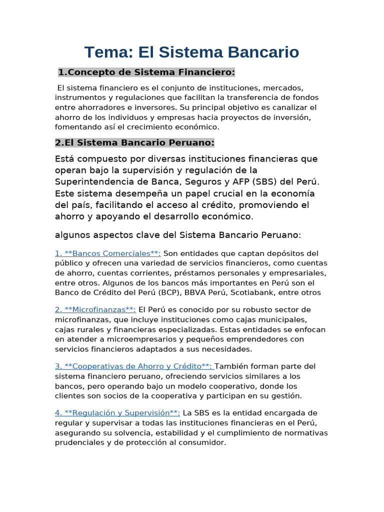 Sistema Bancario Peruano: Estructura y Funciones | PDF | Bancos | La ...