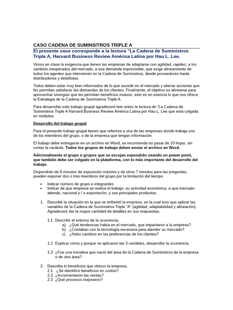 Caso Cadena de Suministros Triple A Supply Chiain 23 Oct 11 Dic | PDF ...